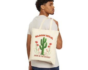 Katoenen canvas draagtas met cactusprint: Desert Bloom Eco-vriendelijke shopper, herbruikbare tas, Cactus Lover-cadeaus, Desert Vibe-draagtas, draagtas cadeaus