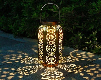 Outdoor Solar Hanging Lantern Garden Decor LED Solar Power Light Morocco Pattern Courtyard Lawn Pathway Decorative Landscape Lamp Great Gift