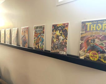 CGC COMPATIBLE Comic Book Display Shelf | Wall-Mounted Grooved Ledge  | Three to Seven feet Black White
