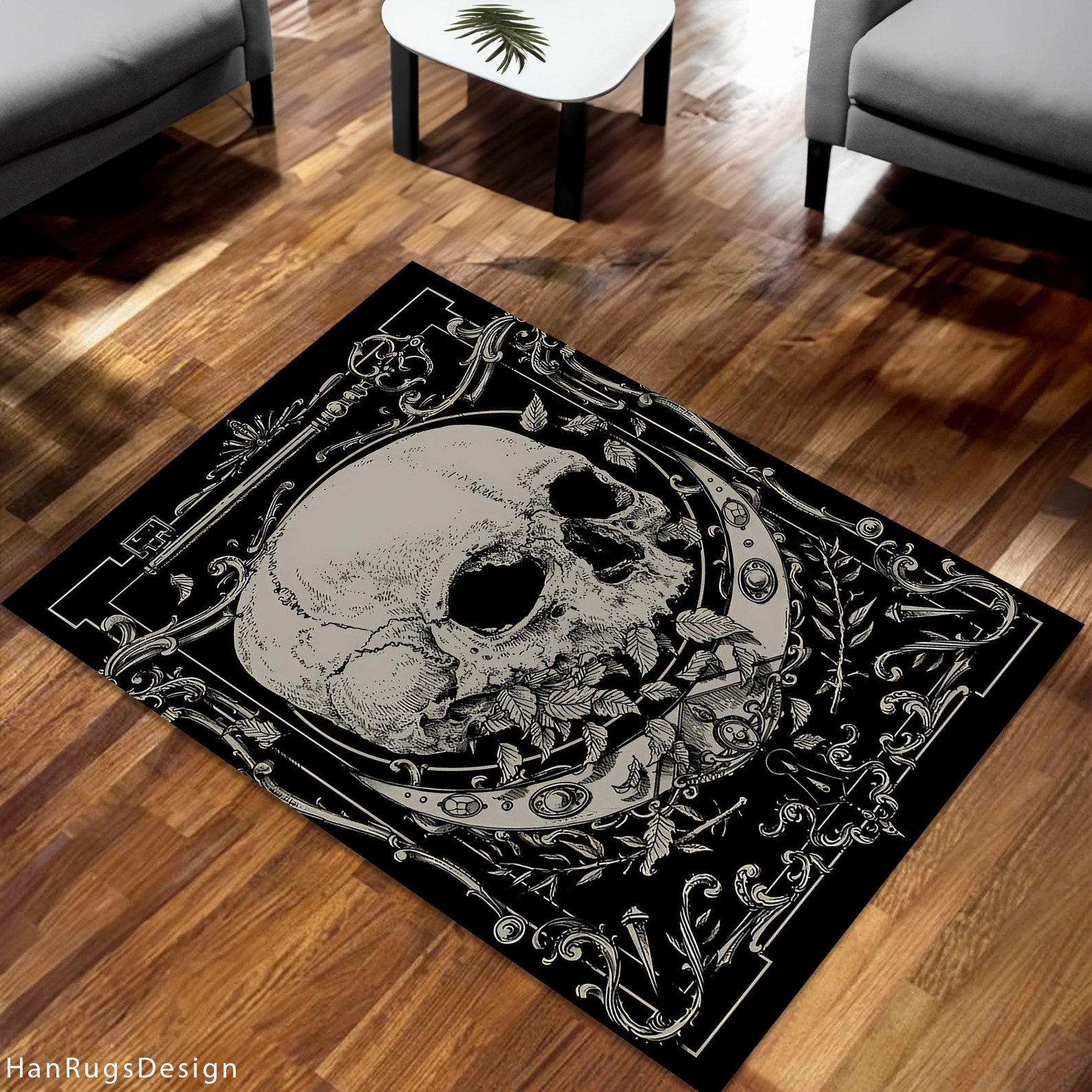 Discover Premium Skull Rug,Handmade Black and Gray Abstract Rug for Stylish Home,Trendy Skull Themed Home Decor Carpet,Unique Gothic Design Floor Mat