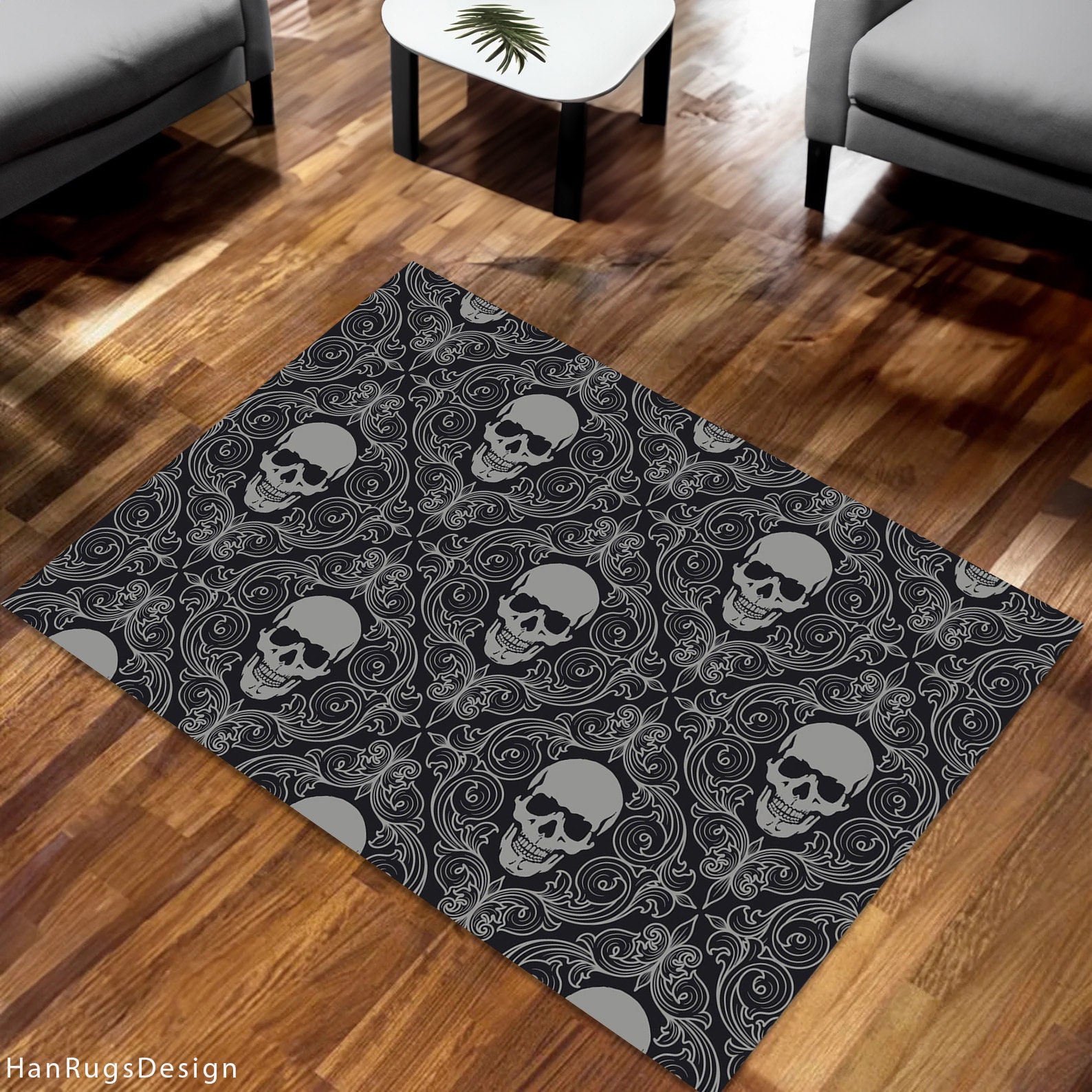 Discover Skull Rug, Abstract Design Carpet, Black and Gray Rug for Unique Home Decor, Trendy Printed Area Rug, Washable Rug, Non Slip Rug, Area Rug