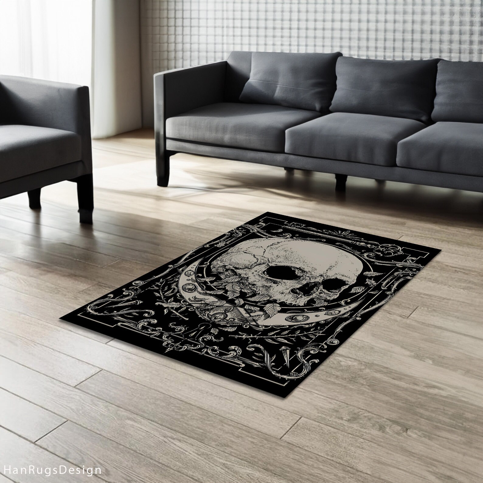 Discover Premium Skull Rug,Handmade Black and Gray Abstract Rug for Stylish Home,Trendy Skull Themed Home Decor Carpet,Unique Gothic Design Floor Mat