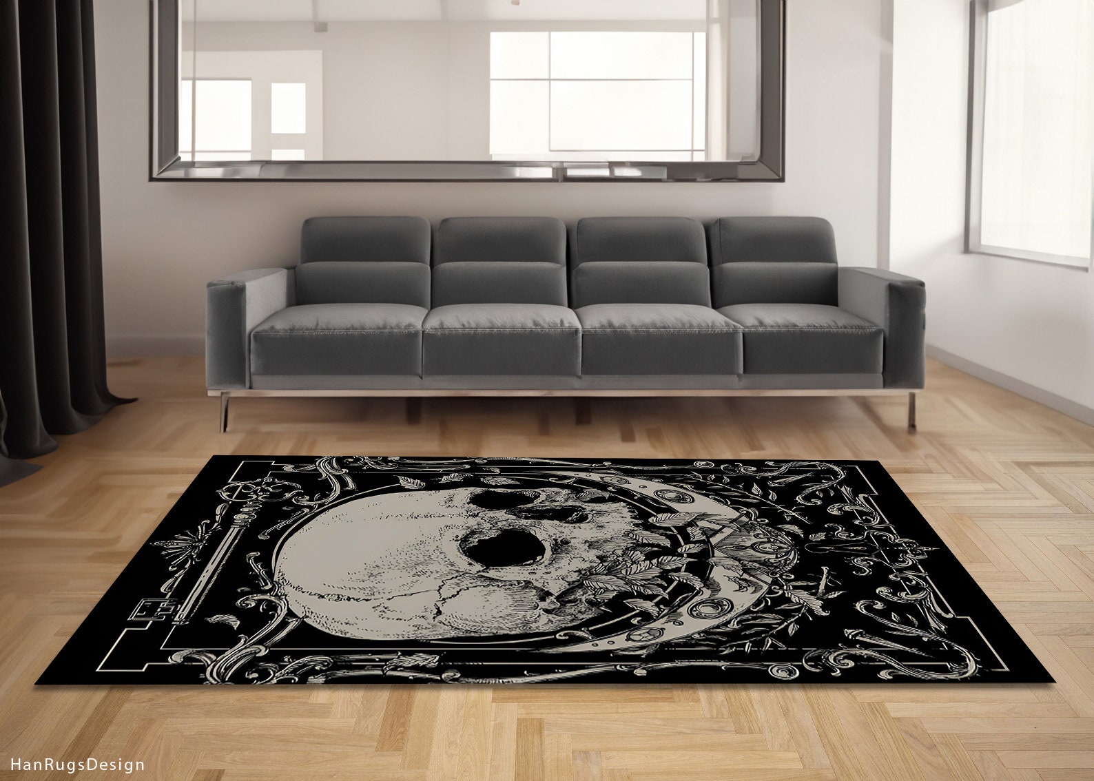 Discover Premium Skull Rug,Handmade Black and Gray Abstract Rug for Stylish Home,Trendy Skull Themed Home Decor Carpet,Unique Gothic Design Floor Mat