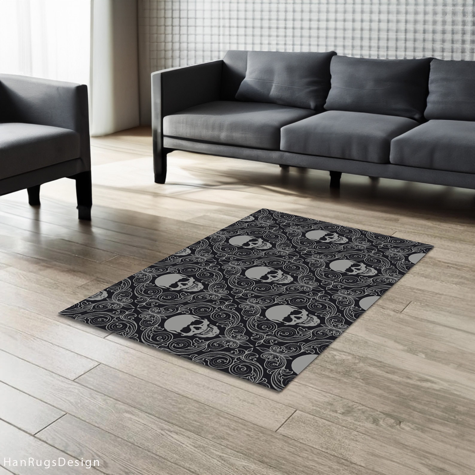 Discover Skull Rug, Abstract Design Carpet, Black and Gray Rug for Unique Home Decor, Trendy Printed Area Rug, Washable Rug, Non Slip Rug, Area Rug