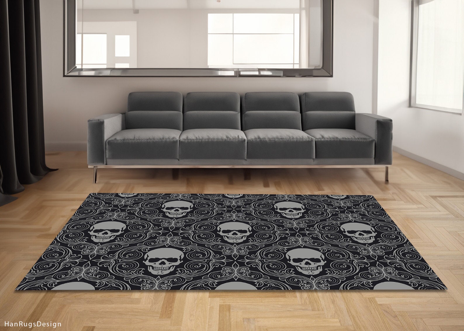 Discover Skull Rug, Abstract Design Carpet, Black and Gray Rug for Unique Home Decor, Trendy Printed Area Rug, Washable Rug, Non Slip Rug, Area Rug