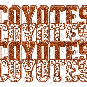 Coyotes, Texas High School-mascotte, verbrand oranje en wit, aangepast gestapeld ontwerp, direct downloaden, png, voor sublimatie, DTG of DTF