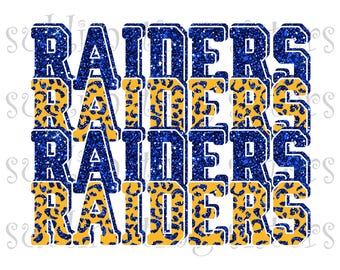 Mascota de la escuela secundaria de los Raiders, azul y dorado, diseño apilado personalizado, descarga instantánea, PNG, para sublimación, DTG o DTF