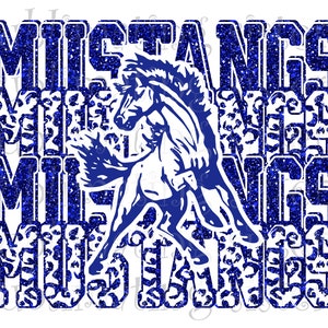 Mustangs, High School Mascot, Royal Blue and White, Custom Stacked Design with Mascot, Instant Download, PNG, for Sublimation, DTG or DTF