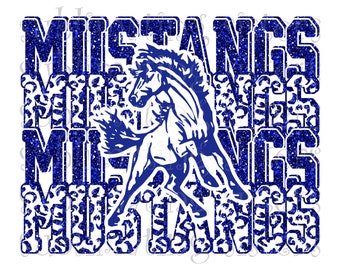 Mustangs, High School Mascot, Royal Blue and White, Custom Stacked Design with Mascot, Instant Download, PNG, for Sublimation, DTG or DTF