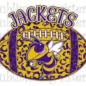 May include: Purple and gold football with a purple and gold bee mascot and the word "JACKETS" in purple letters. The football has a leopard print pattern.