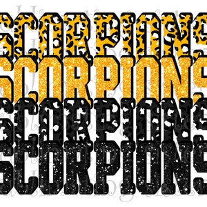 May include: Four stacked images of the word "SCORPIONS" in black letters with different backgrounds. The top image has a leopard print background, the second image has a gold glitter background, the third image has a black and white leopard print background, and the bottom image has a black glitter background.