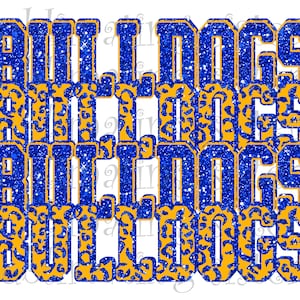 Bulldogs, middelbare school mascotte, koningsblauw en geel goud, op maat gestapeld ontwerp, direct downloaden, png, voor sublimatie, dtg of dtf