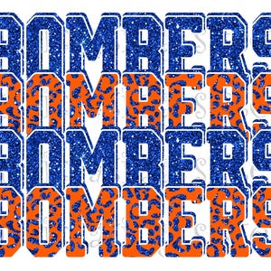 Bombers, middelbare school mascotte, blauw en oranje, aangepast gestapeld ontwerp, direct downloaden, png, voor sublimatie, DTG of DTF