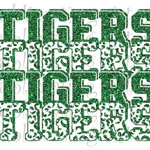 Tigers, High School Mascot, Kelly Green and White, Custom Stacked Design, Instant Download, PNG, for Sublimation, DTG or DTF