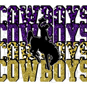 Cowboys, middelbare schoolmascotte, paars en oud goud, op maat gestapeld met mascotteontwerp, direct downloaden, png, voor sublimatie of DTF