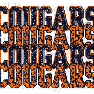 Cougars, High School Maskottchen, Orange und Marineblau, benutzerdefiniertes Design für Sublimation, DTG oder DTF