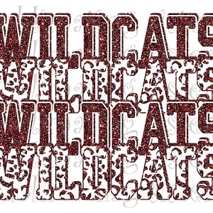 May include: Red glitter graphic with the word "WILDCATS" repeated four times. The letters are outlined in black and have a white patterned background.