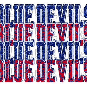 Blue Devils, mascota de la escuela secundaria, azul y rojo, diseño apilado personalizado, descarga instantánea, PNG, para sublimación, DTG o DTF
