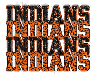 Indios, mascota de la escuela secundaria, naranja y negro, diseño apilado personalizado, descarga instantánea, PNG, para sublimación, DTG o DTF