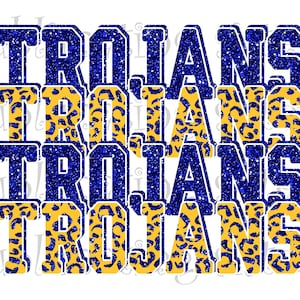 Trojaanse paarden, middelbare schoolmascotte, blauw en goud, aangepast gestapeld ontwerp, direct downloaden, png, voor sublimatie, DTG of DTF