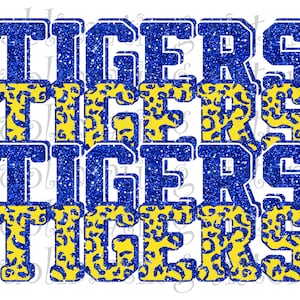 Tigers, High School Mascot, Blue and Yellow, Custom Stacked Design, Instant Download, PNG for Sublimation, DTG or DTF