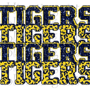 Tigres, mascota de la escuela secundaria, azul marino y amarillo dorado, diseño apilado personalizado, descarga instantánea, PNG, para sublimación, DTG o DTF