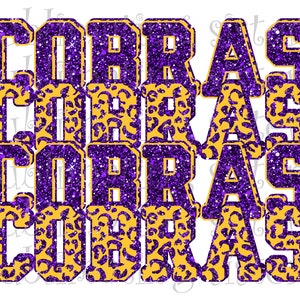 Cobra's, middelbare schoolmascotte, paars en goud, aangepast gestapeld ontwerp, direct downloaden, png, voor sublimatie, dtg of dtf
