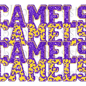 Cammelli, mascotte della scuola superiore, viola brillante e oro, design impilato personalizzato, download immediato, PNG, per sublimazione, DTG o DTF