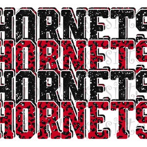 May include: Four rows of the word "Hornets" in black letters with a glittery effect. Each row has a different background pattern, alternating between black and white glitter and red and black leopard print.