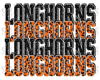 Longhorns, High School Mascot, Orange and Black, Custom Stacked Design, Instant Download, PNG, for Sublimation, DTG or DTF