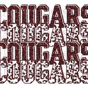 Cougars, mascotte de lycée, bordeaux et blanc, conception empilée personnalisée, téléchargement immédiat, PNG, pour sublimation, DTG ou DTF