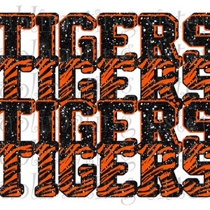 Tigres, mascota de la escuela secundaria de Florida, naranja y negro, diseño de rayas apiladas personalizado, descarga instantánea, PNG, para sublimación, DTG o DTF