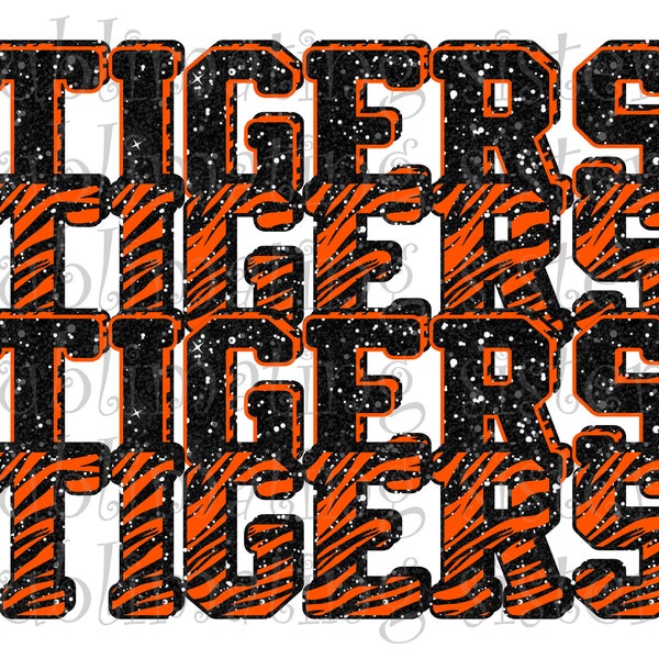 Tigers, Stacked Design, Orange and Black, Sparkle Tiger Stripes, Instant Download, 300dpi PNG