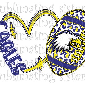 Eagles Heart Football, bleu et jaune, mascotte du lycée, sublimation, DTG, DTF, téléchargement immédiat, PNG
