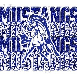 Mustangs, High School Mascot, Royal Blue and White, Custom Stacked Design with Mascot, Instant Download, PNG, for Sublimation, DTG or DTF