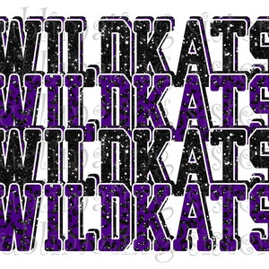 Wildkats, mascotte della scuola superiore, viola e nero, design impilato personalizzato, download immediato, PNG, per sublimazione, DTG o DTF