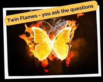 May include: A digital art piece featuring a glowing yellow butterfly engulfed in flames against a dark background. The image includes the text "Twin Flames - you ask the questions" in a yellow banner.