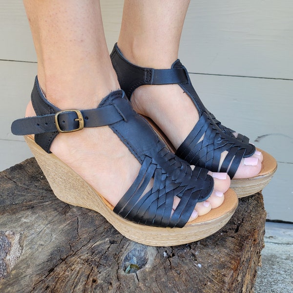 Handcrafted Black & Red Wedge Sandal / Mexican Leather / Lightweight Huaraches