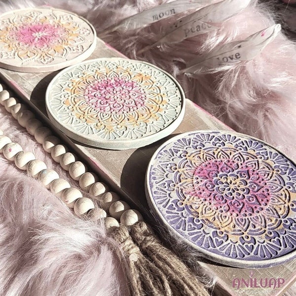 Set of 4 mandala coaster silicone tray molds for use with resin, concrete, plaster, casting mould flower motive, spiritual pour mold.
