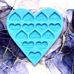 14 hearts with words in 1 resin mold for keychains, earrings, necklaces, charms, dog tags, casting form, pour mould, shiny silicone.