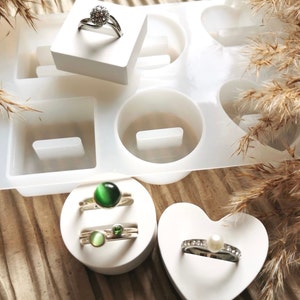 Ring holder silicone mold, ring display casting mould, resin, concrete wedding decor, round, heart, square and hexagon, single and double.