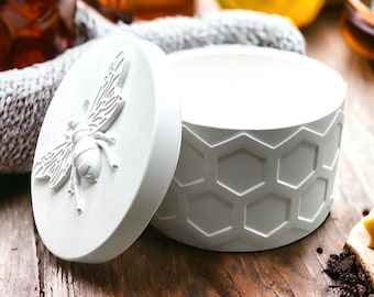 Bee and honeycomb pattern jar with lid casting mold, candle holder, jewelry box silicone mould, decoration tealight holder DIY craft idea