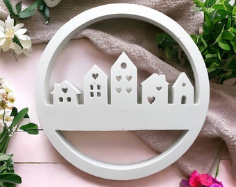 House wreath silicone casting mold, loop decoration, concrete plaster resin mould, home with heart round, door hanger DIY craft gift idea