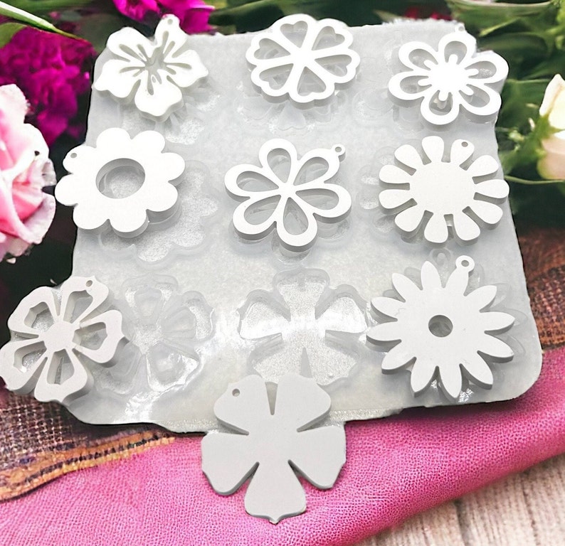 Set of 9 filigree flower and blossom charms silicone mold, gift tags and decorative pendants, jesmonite, resin mould, spring DIY craft idea image 1