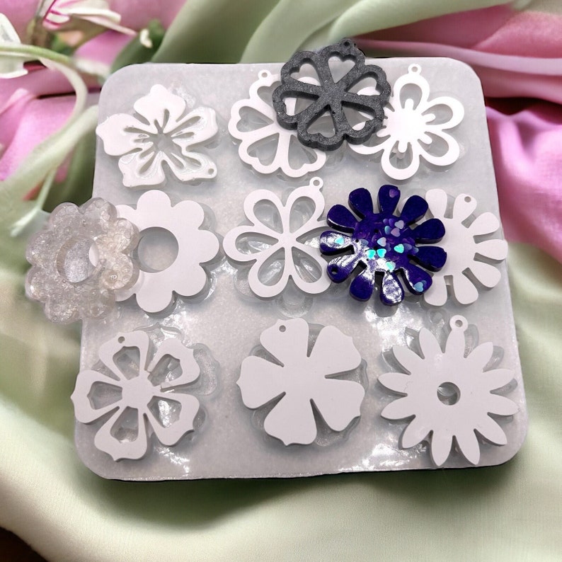 Set of 9 filigree flower and blossom charms silicone mold, gift tags and decorative pendants, jesmonite, resin mould, spring DIY craft idea image 2