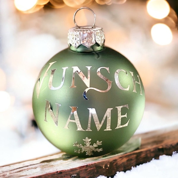 Personalized sage green frosted or shiny Christmas tree ornaments, custom name in silver lettering, personalised gift bauble, name baubles