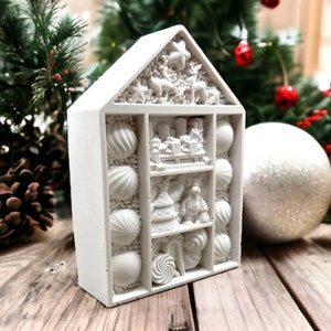 Decorativ Christmas house silicone casting mold with detailed ornaments, resin ceramics concrete mould, Advent crafting,  DIY craft idea.