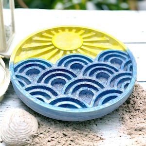 Sun and waves, deep silicone coaster casting mold, mould for resin, concrete, plaster, cement, tealight candle coaster, sun and beach vibe.