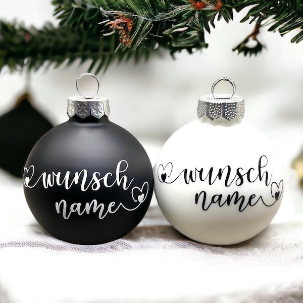 Personalized black or white frosted Christmas tree ornaments with your custom name and hearts, personalised gift bauble, name baubles.