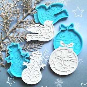 Set of 3 Christmas ornaments silicone casting molds, snowman, santa bauble and dove mould, decorative gift tags, Advent season craft idea.